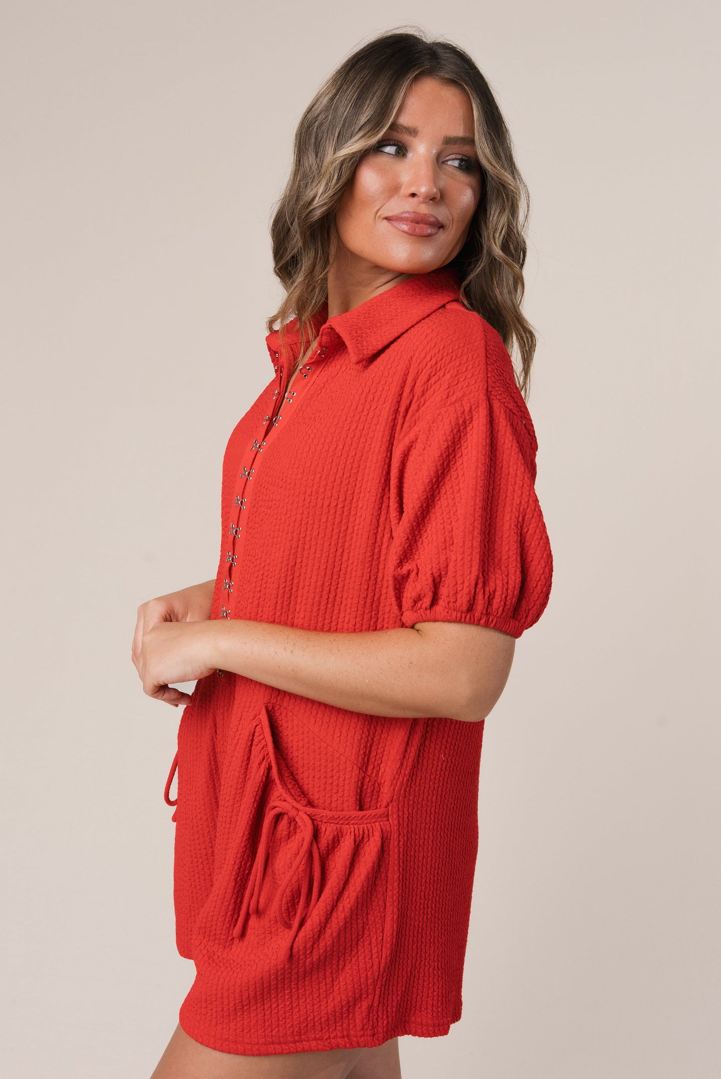 Textured Hook + Eye Closure Romper *Final Sale*