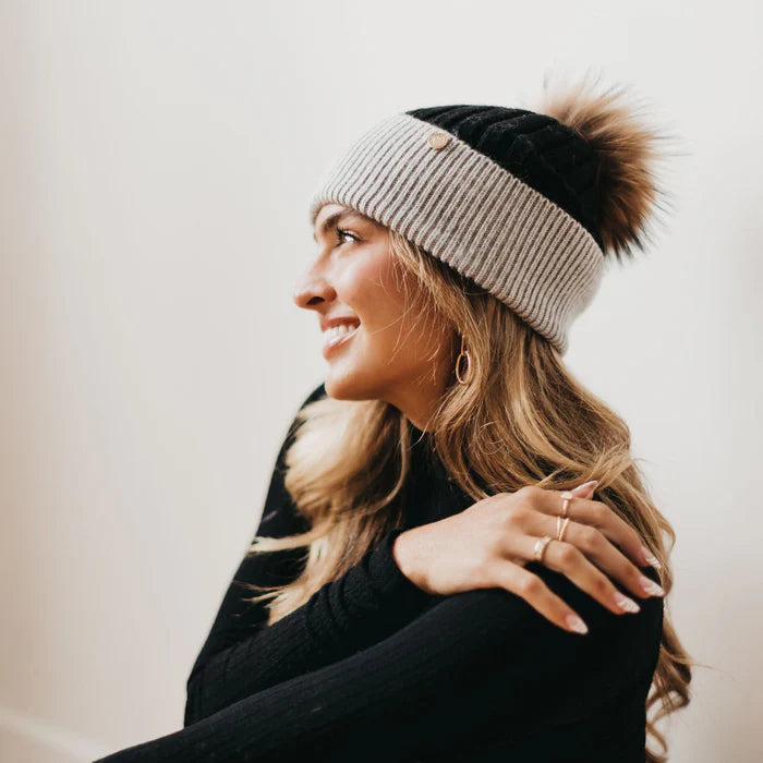 Two Tone Angora Knit Fur Pom Beanie