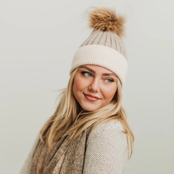 Two Tone Angora Knit Fur Pom Beanie