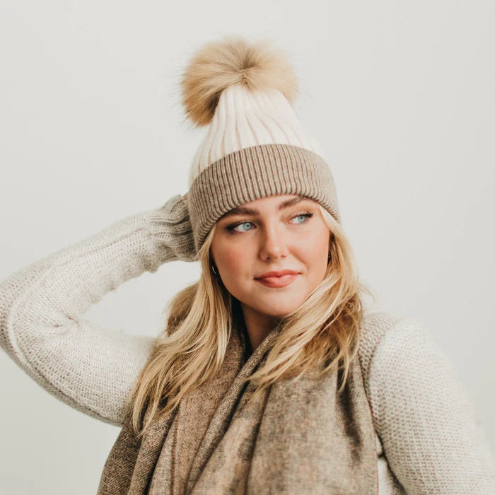 Two Tone Angora Knit Fur Pom Beanie
