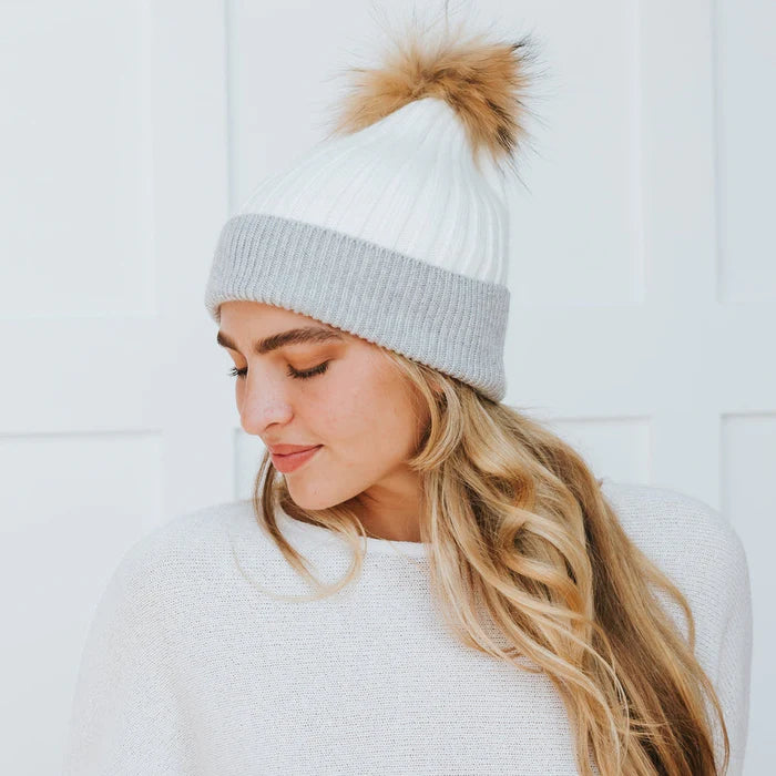 Two Tone Angora Knit Fur Pom Beanie