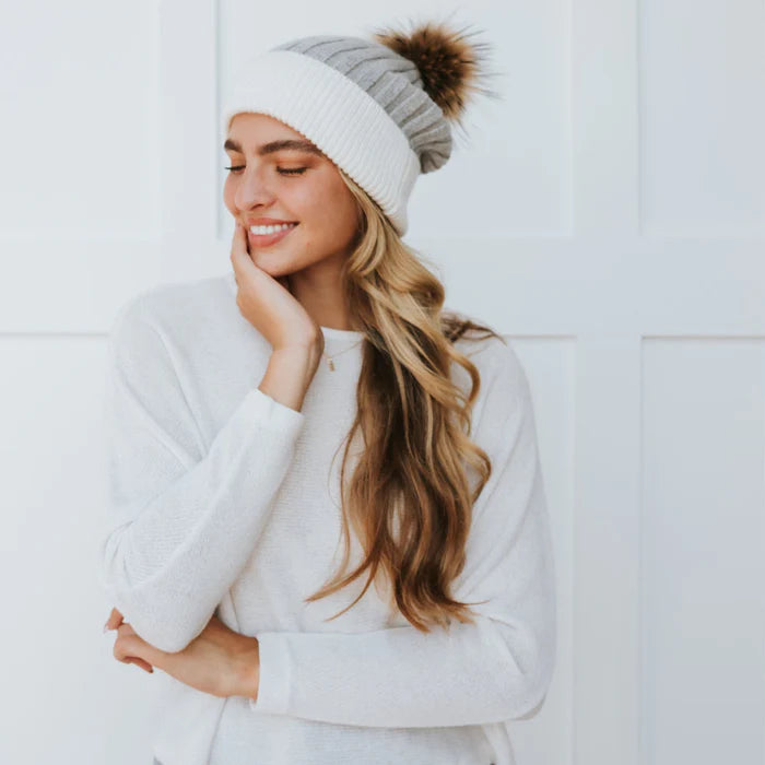 Two Tone Angora Knit Fur Pom Beanie