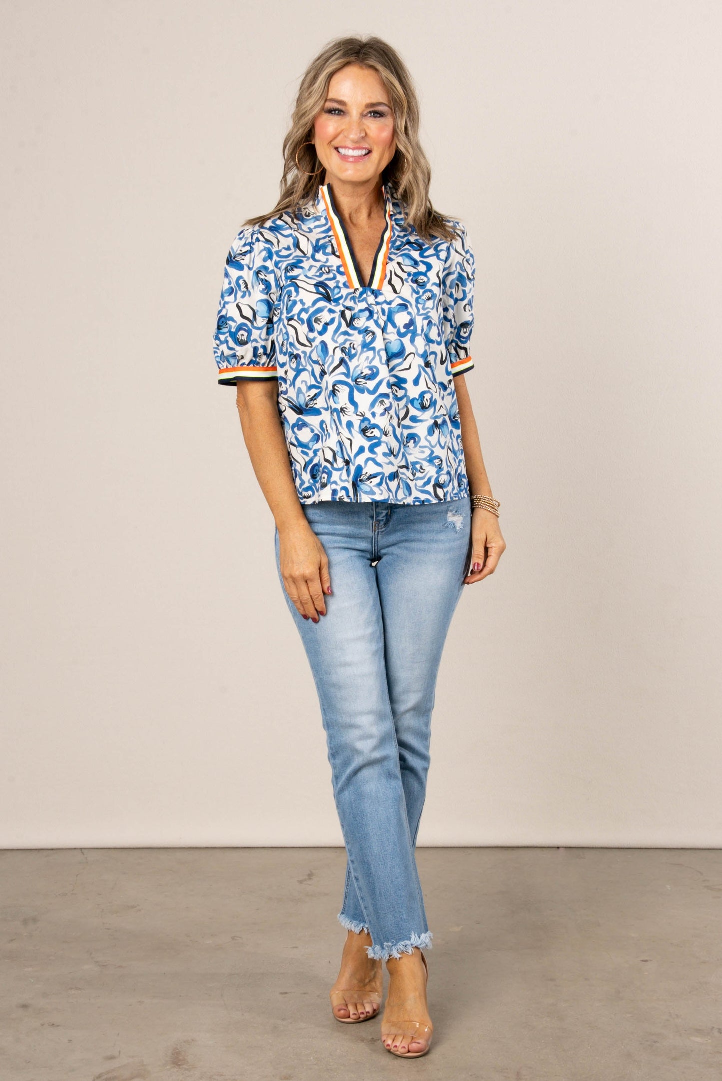 Abstract Floral Stand Collar Top
