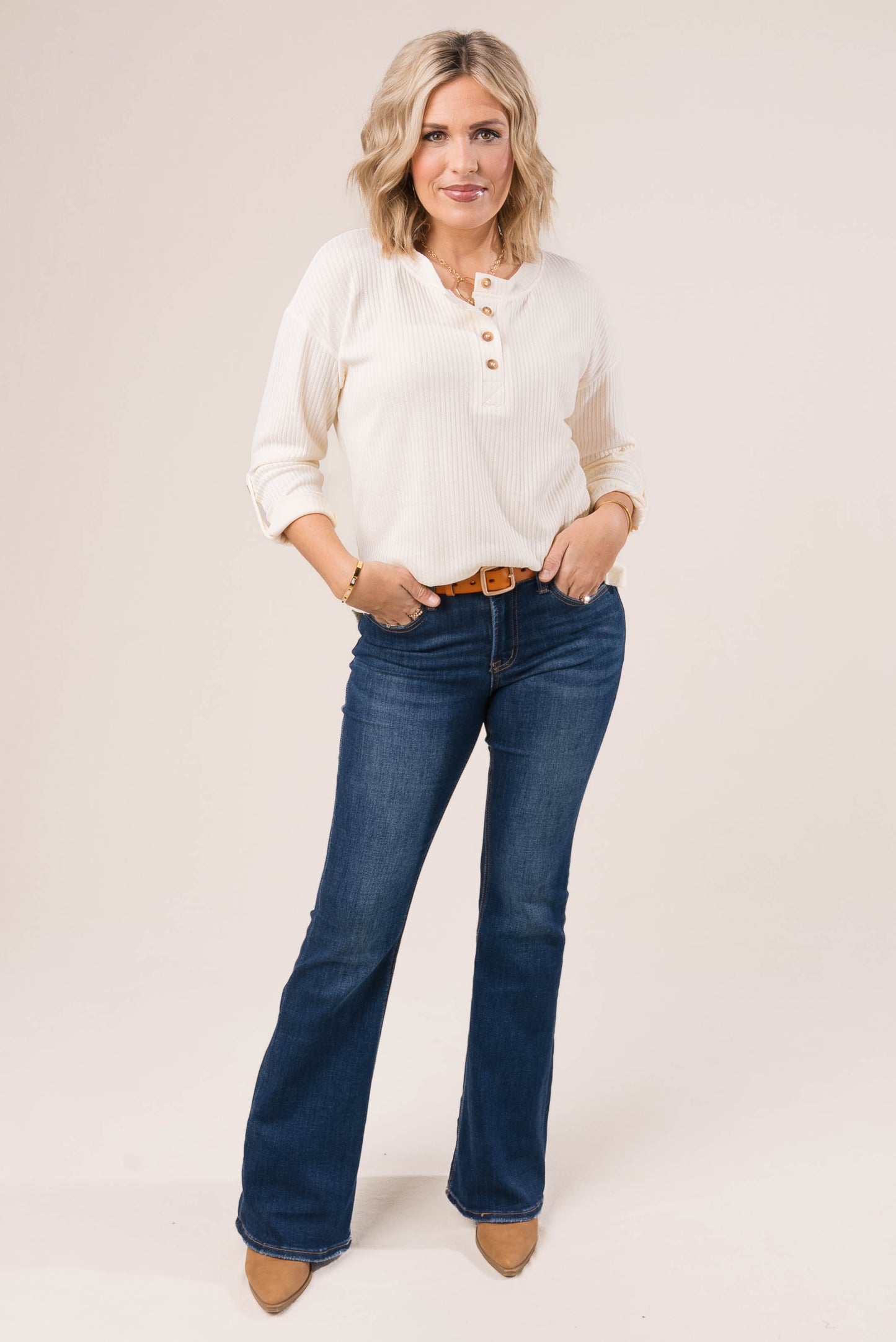 Ribbed Tab Sleeve Henley Top