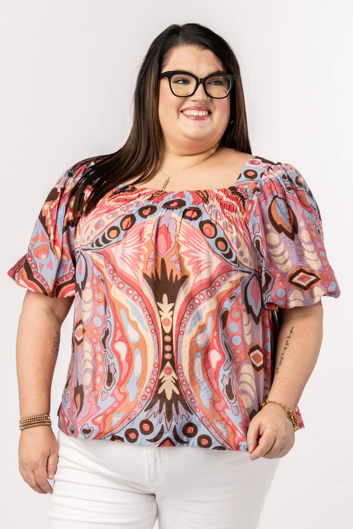 Abstract Smocked Square Neck Top