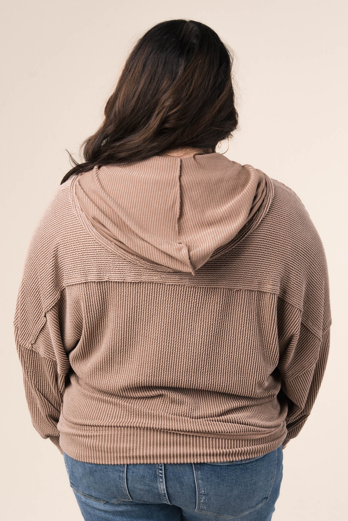 Ribbed Half Zip Hooded Top