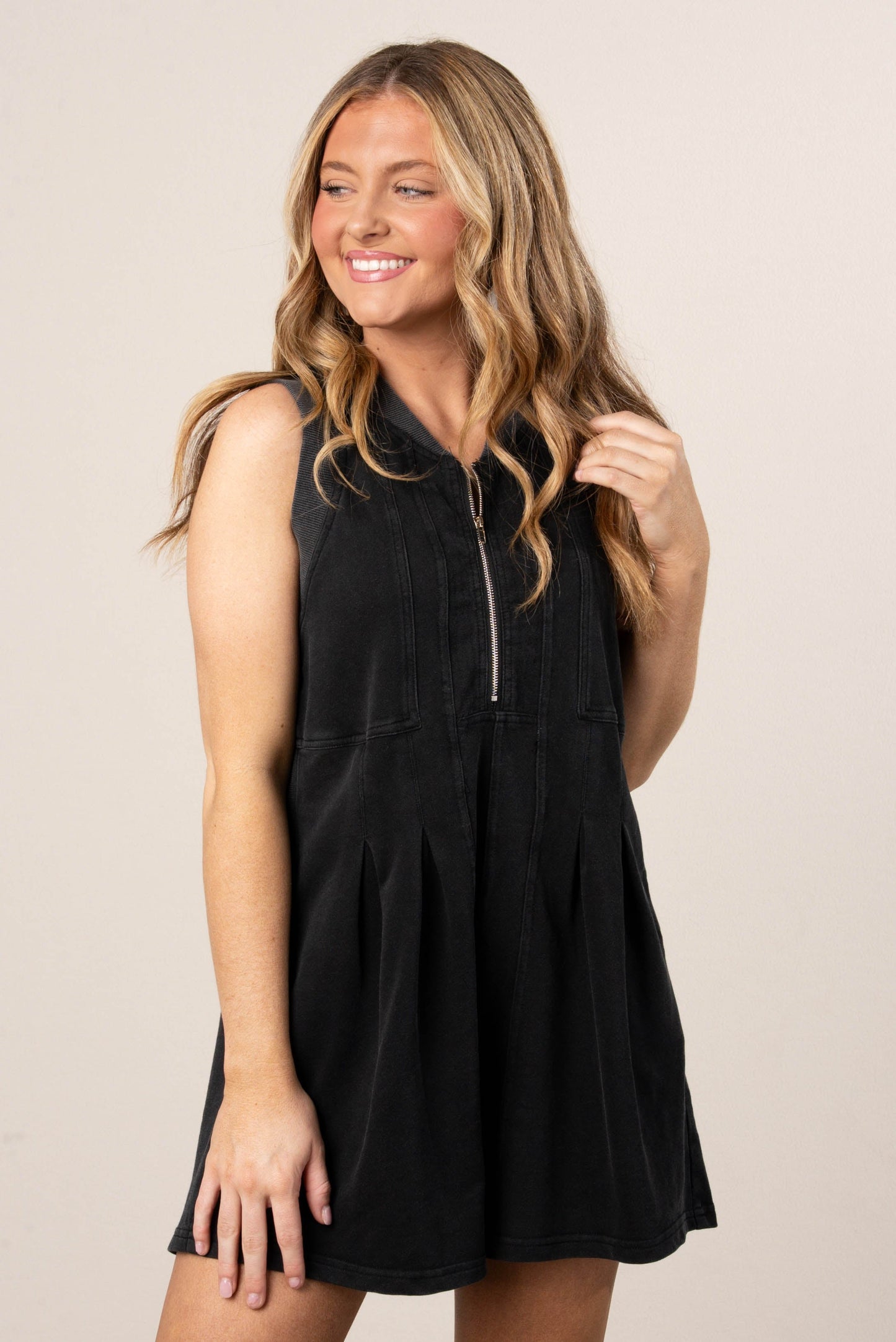 Pleat Detail Half Zip Romper