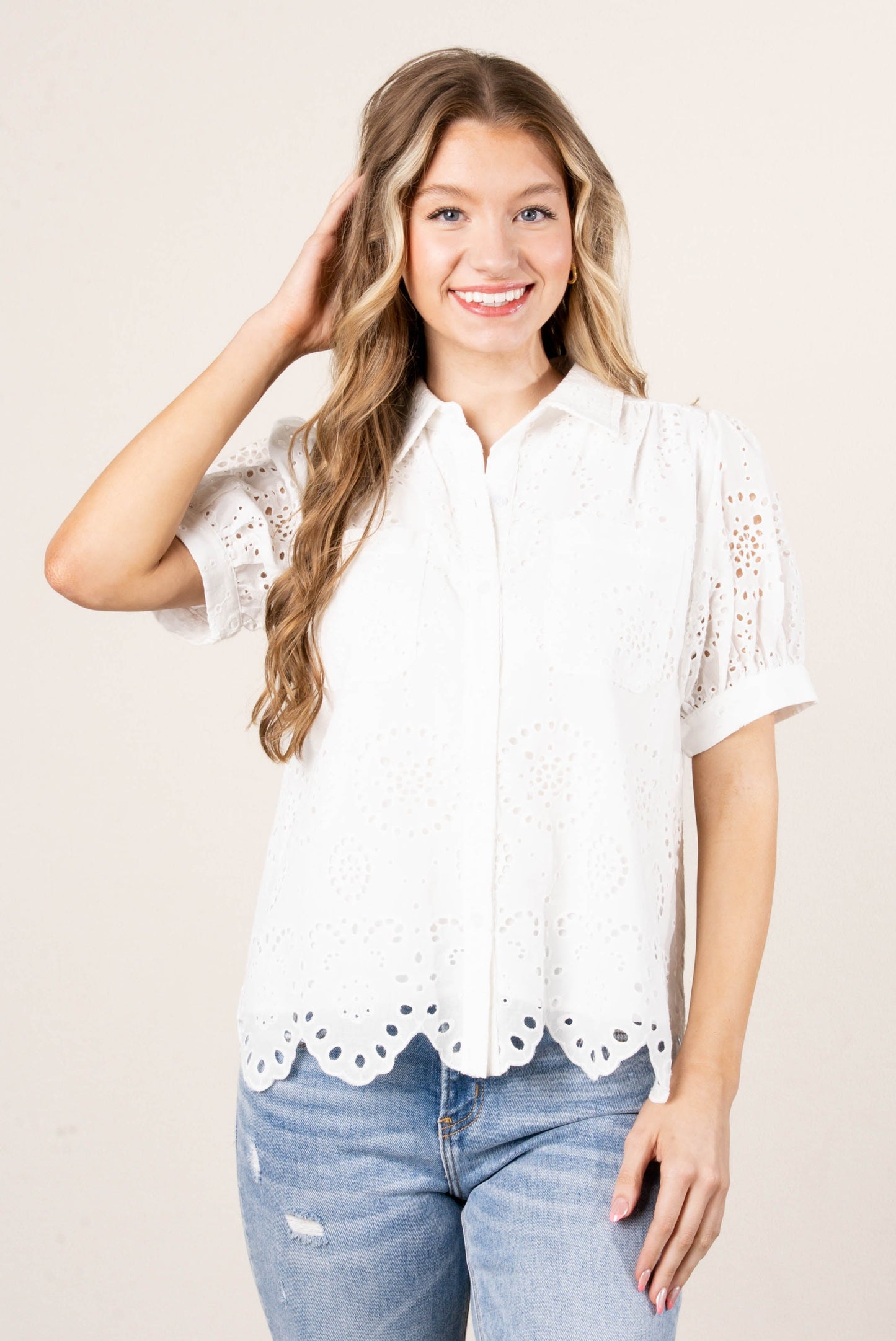Eyelet Lace Scallop Hem Shirt *Final Sale*