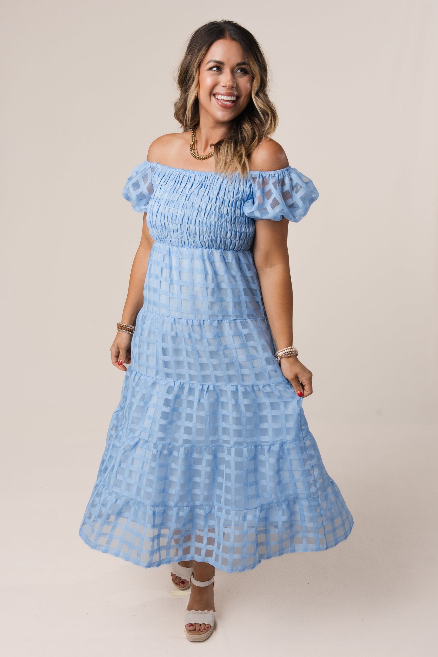 Chiffon Windowpane Smocked Midi Dress *Final Sale*