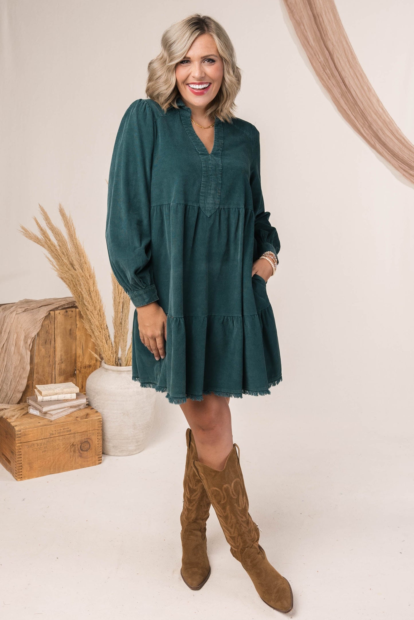 Washed Corduroy Tiered Dress