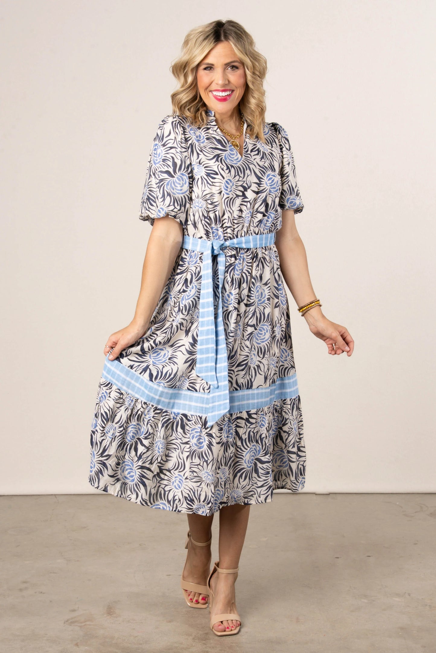 Mixed Print Belted Midi Dress Navy