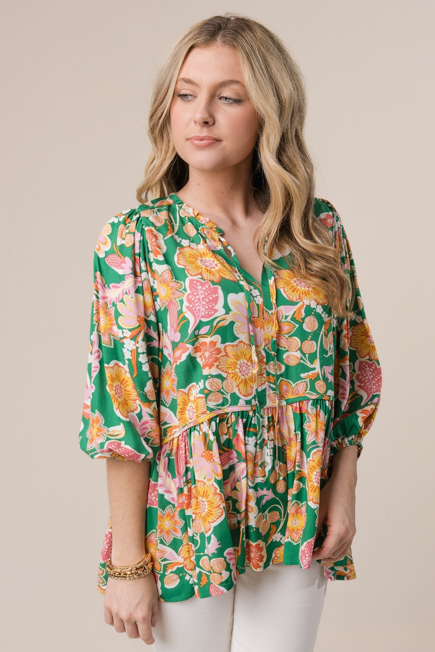 Floral Tie Neck Babydoll Top