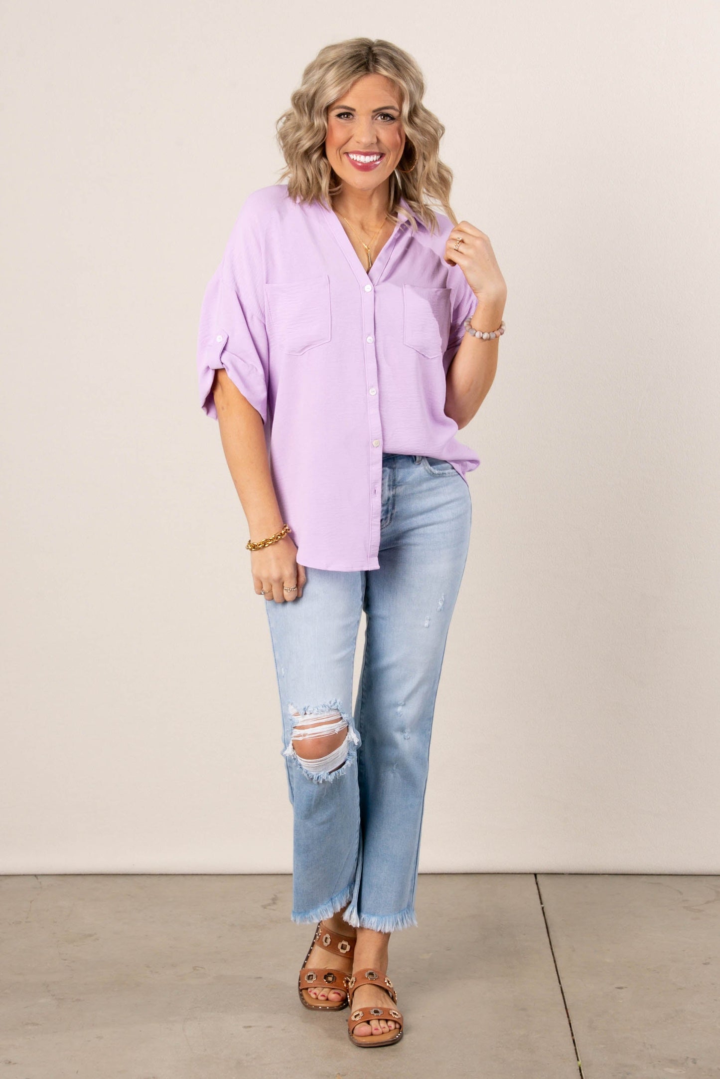 Crinkle Knit Tab Sleeve Shirt *Final Sale*