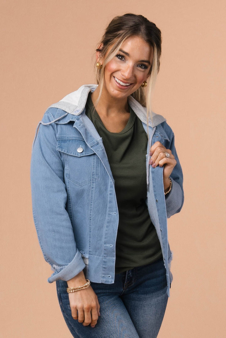 Contrast Trim Hooded Denim Jacket