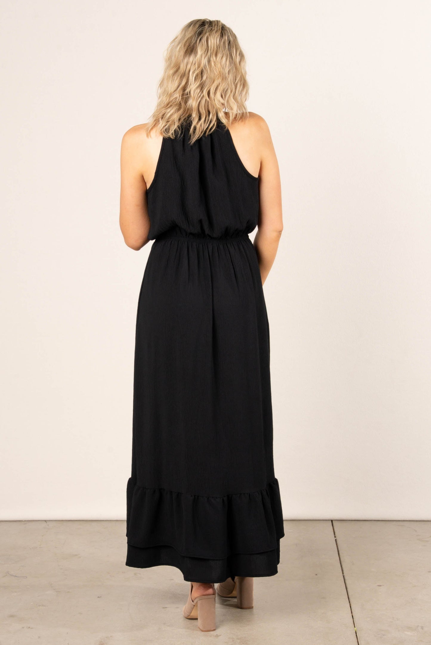 Halter Hi-Lo Ruffle Hem Maxi Dress