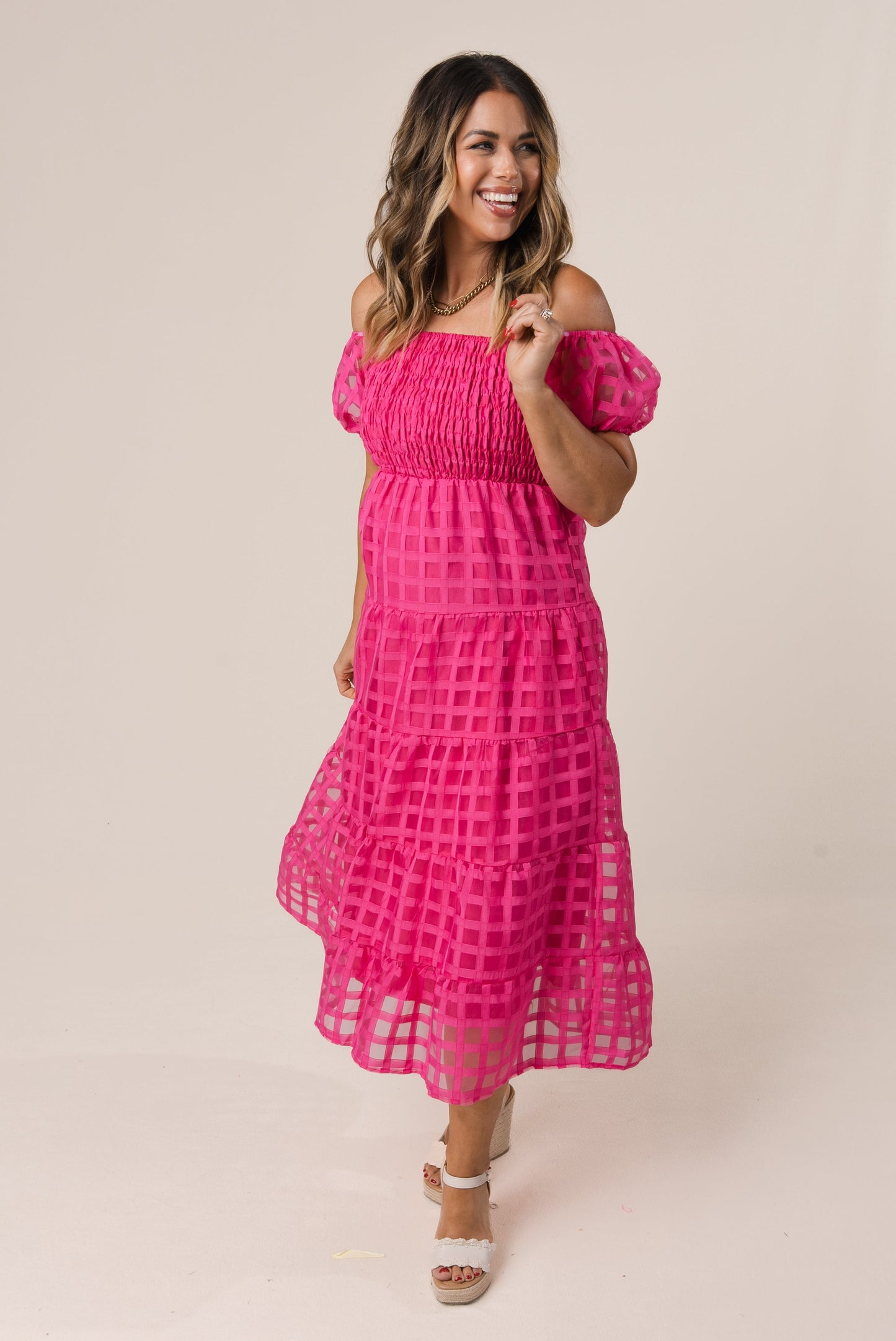 Chiffon Windowpane Smocked Midi Dress *Final Sale*
