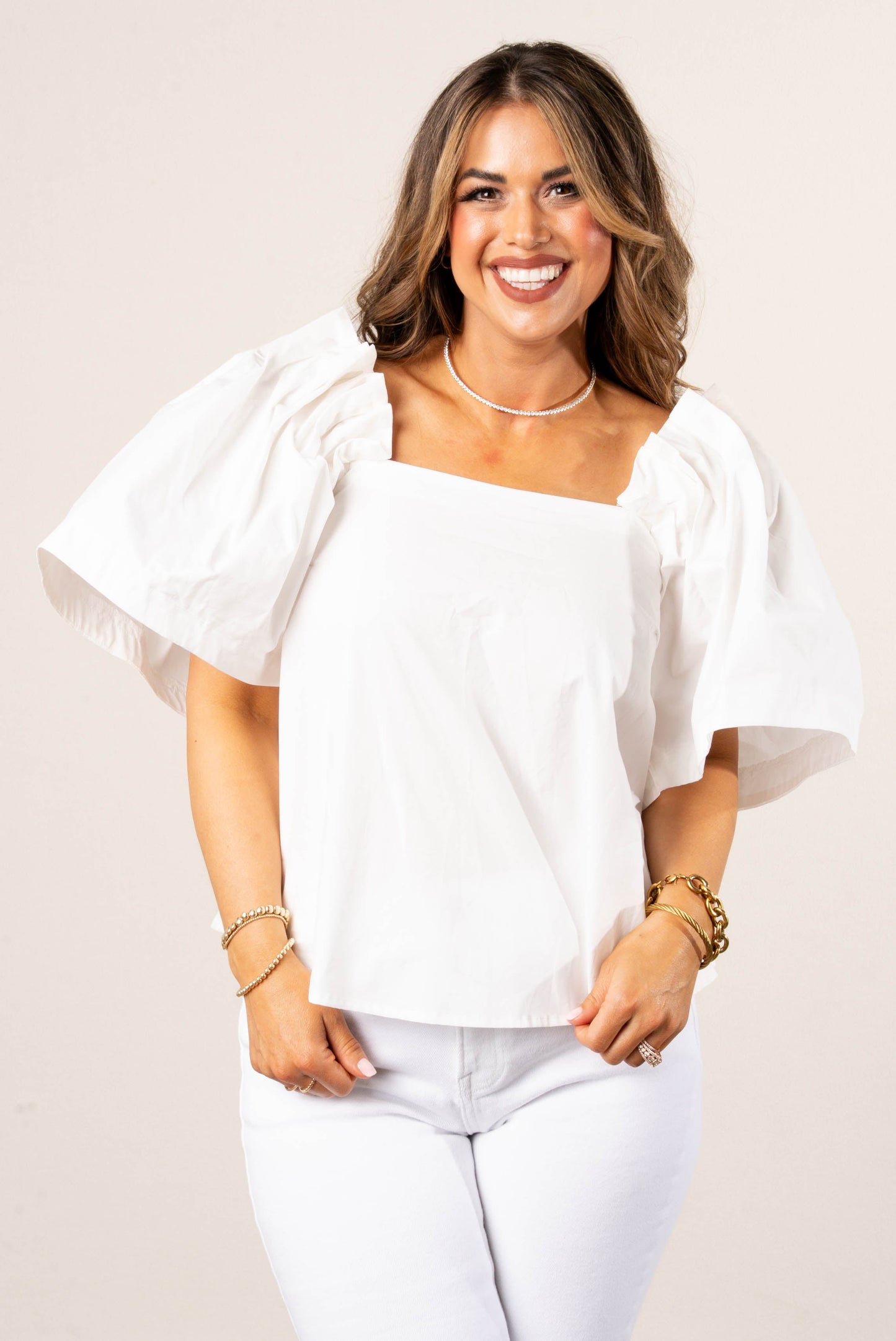 Pintuck Sleeve Square Neck Top