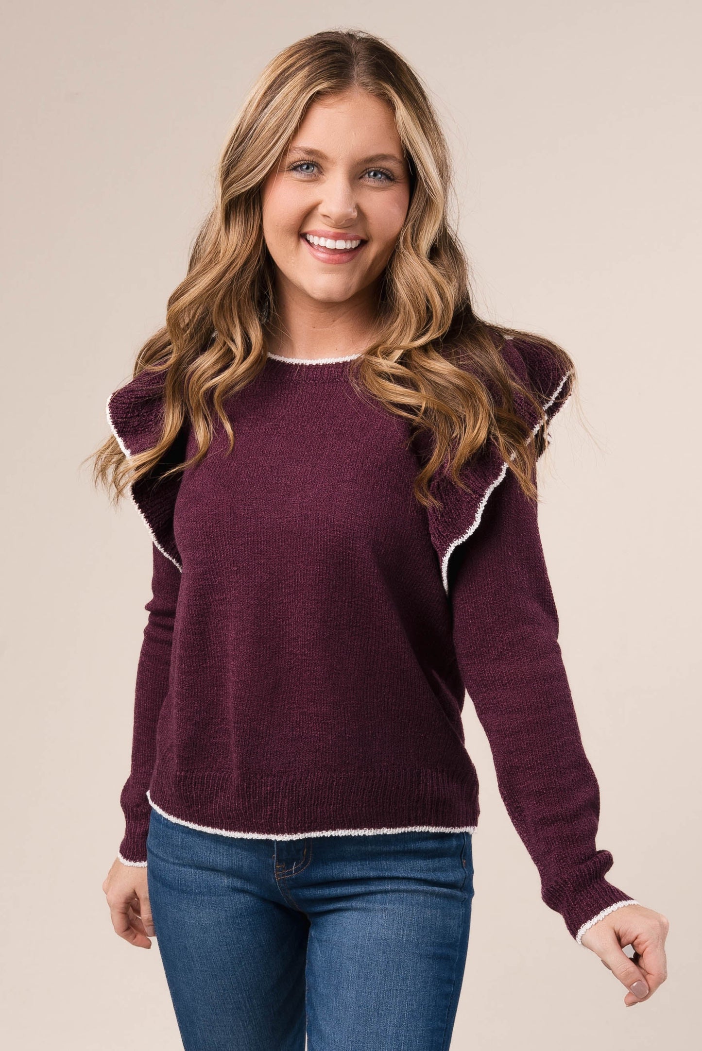 Contrast Trim Ruffle Shoulder Sweater *Final Sale*