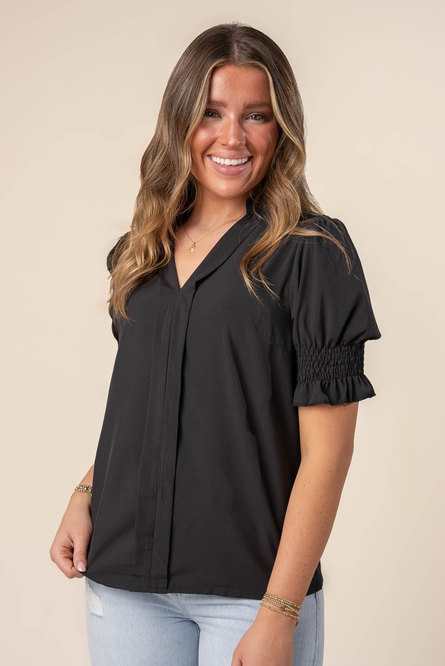 Pleat Front Smocked Sleeve Blouse *Final Sale*