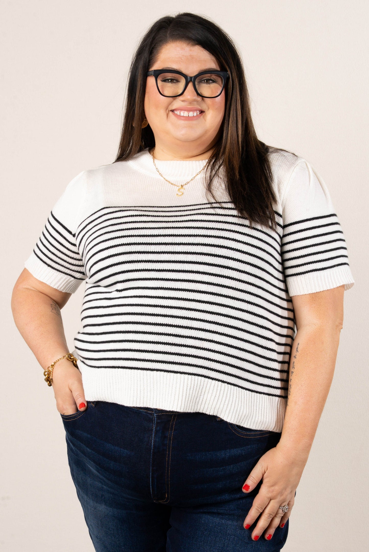 Striped Pleat Shoulder Sweater
