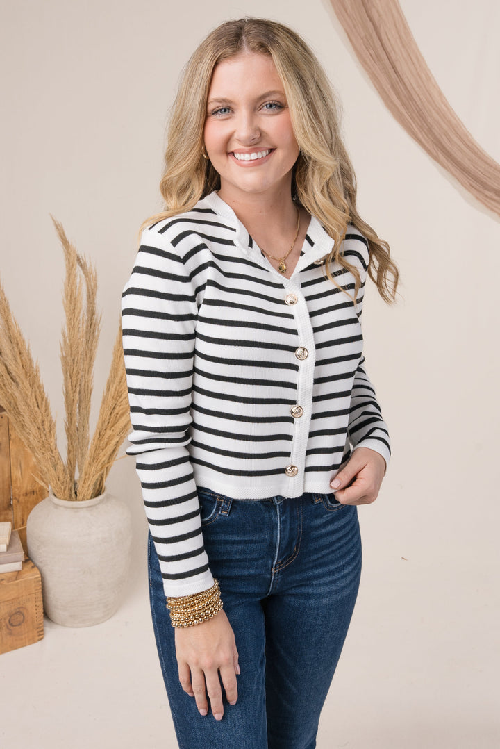 Striped Gold Button Crop Cardigan