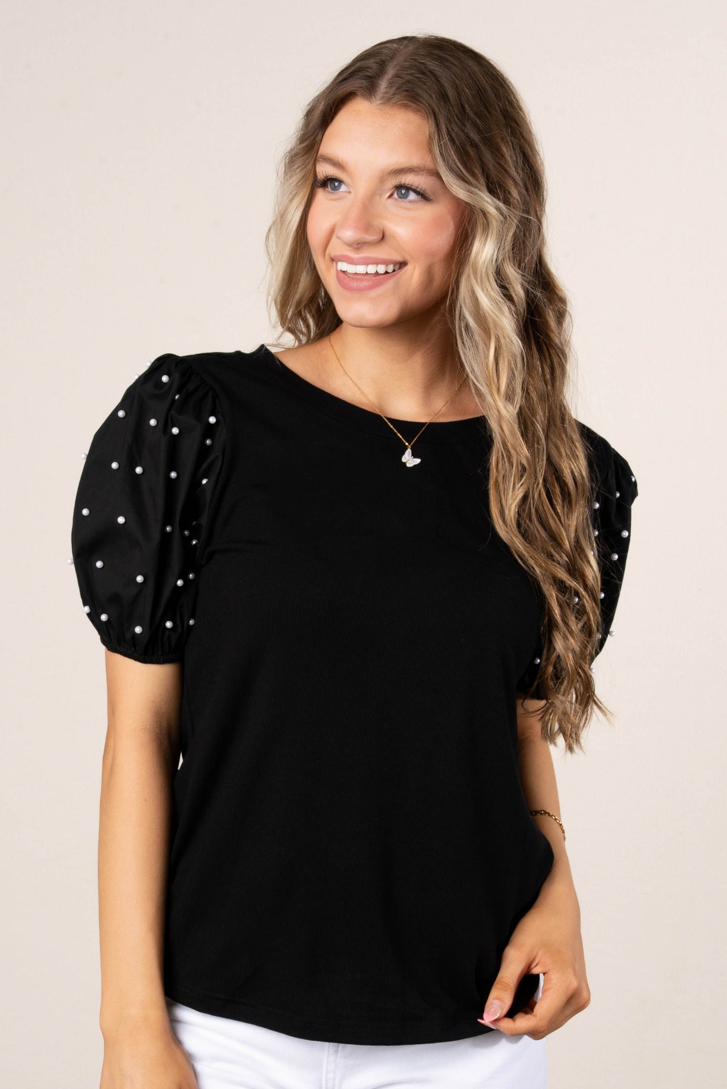 Georgia Mae Pearl Embellished Sleeve Top