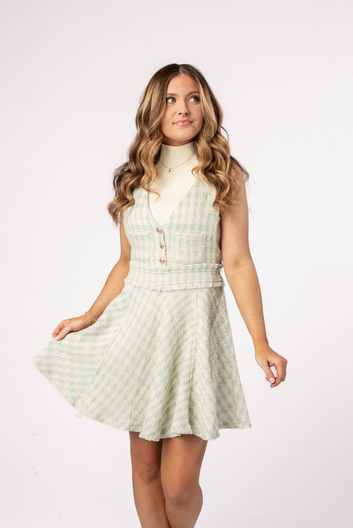 Tweed Plaid Sleeveless Button Detail Dress