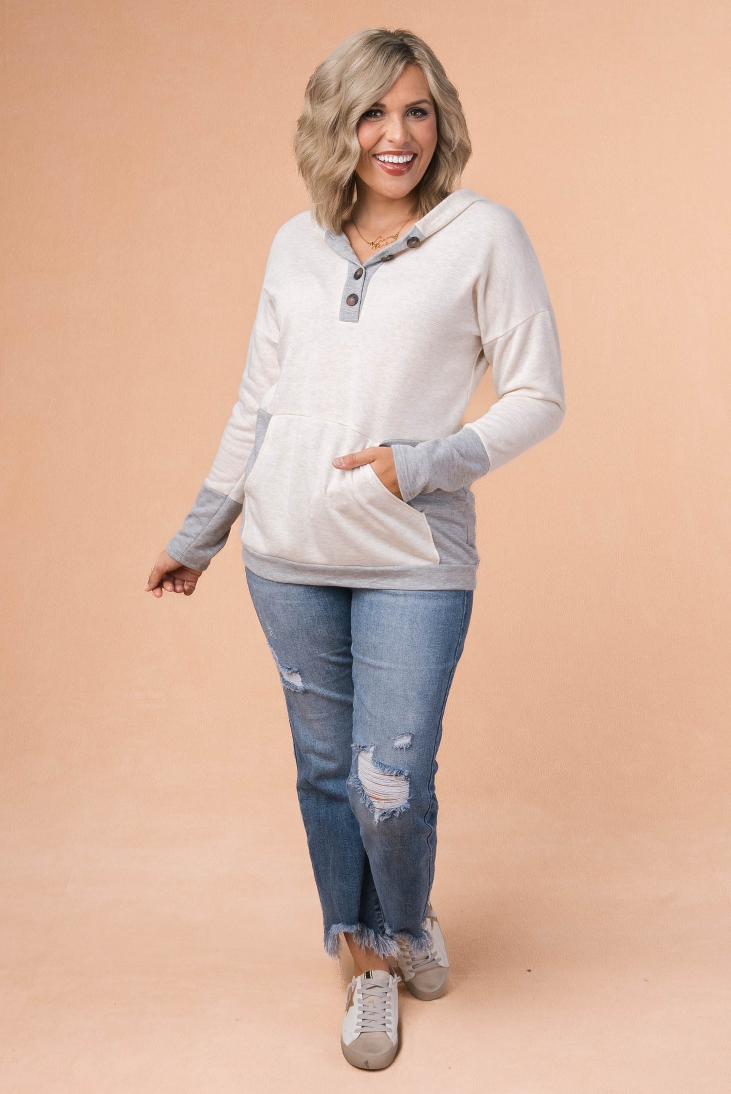 Reverse Knit Henley Hooded Top *Final Sale*