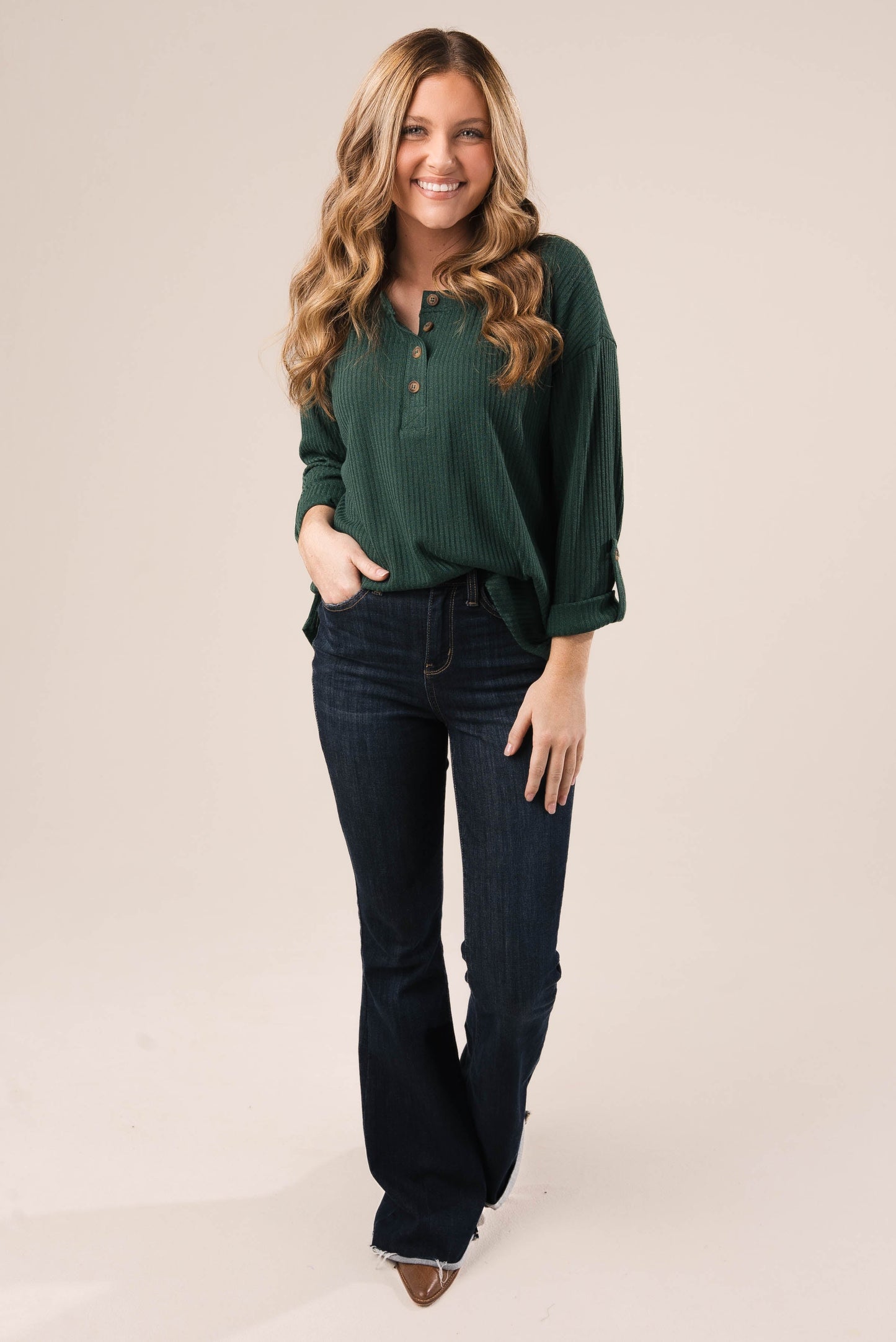 Ribbed Tab Sleeve Henley Top
