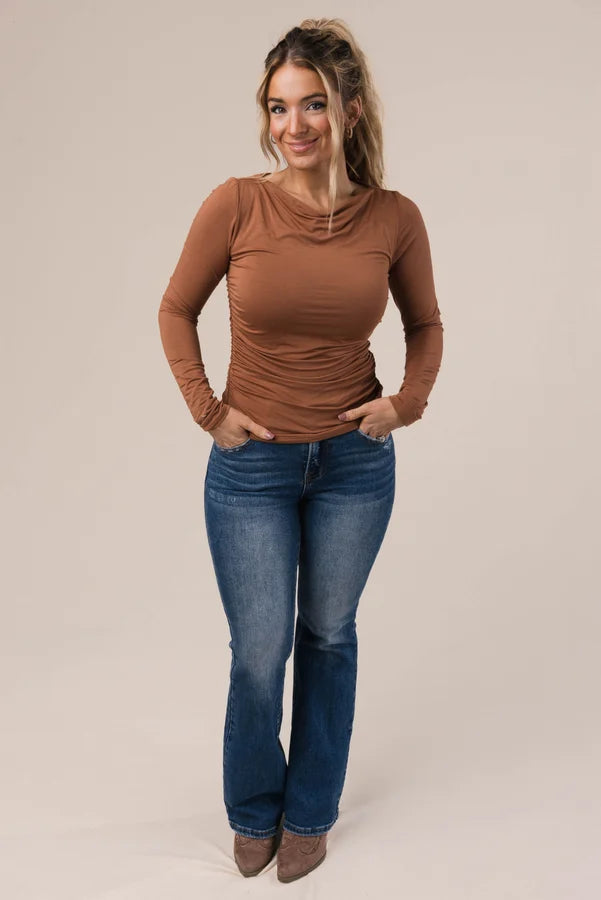 Side Ruched Boat Neck Top