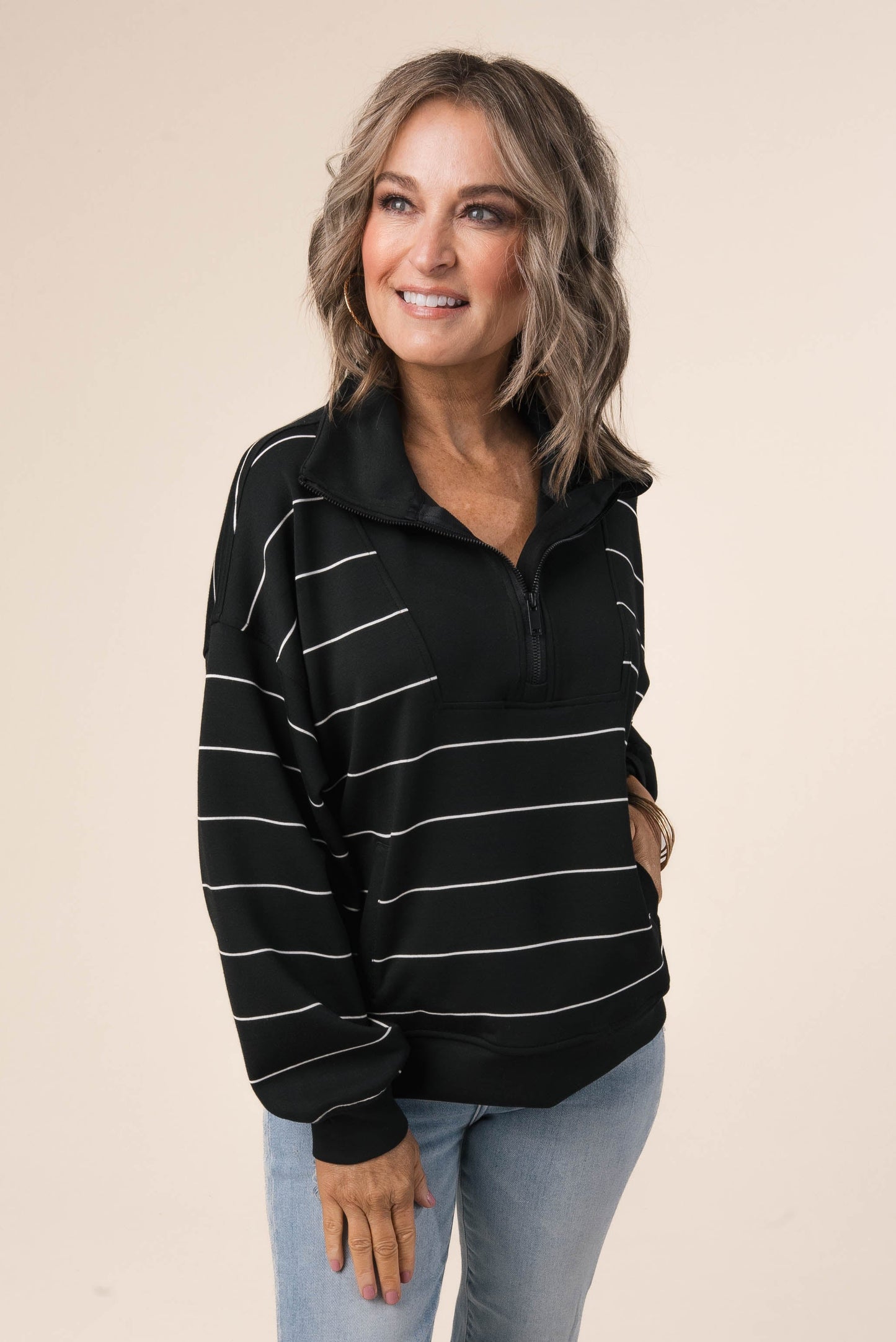 Striped Half Zip Funnel Neck Pullover