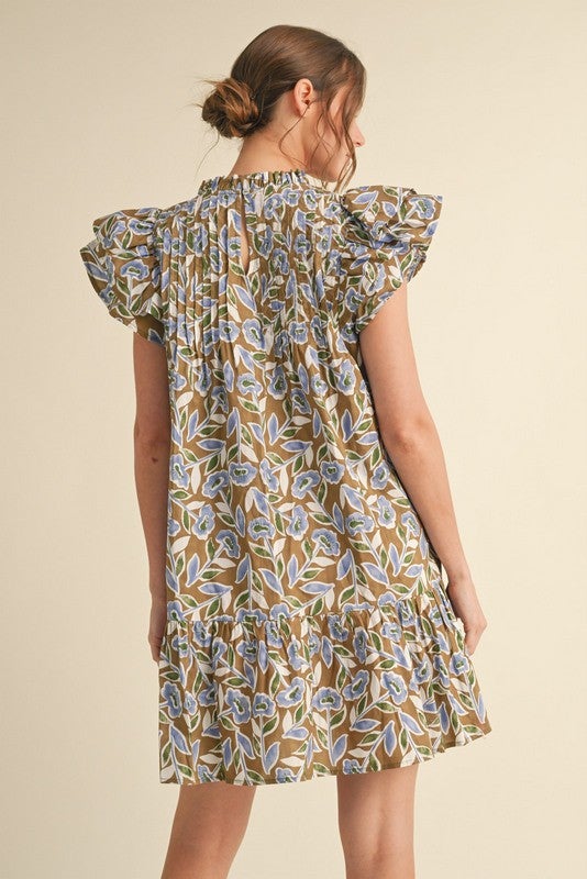 Floral Print Pin-Tuck Ruffly Dress