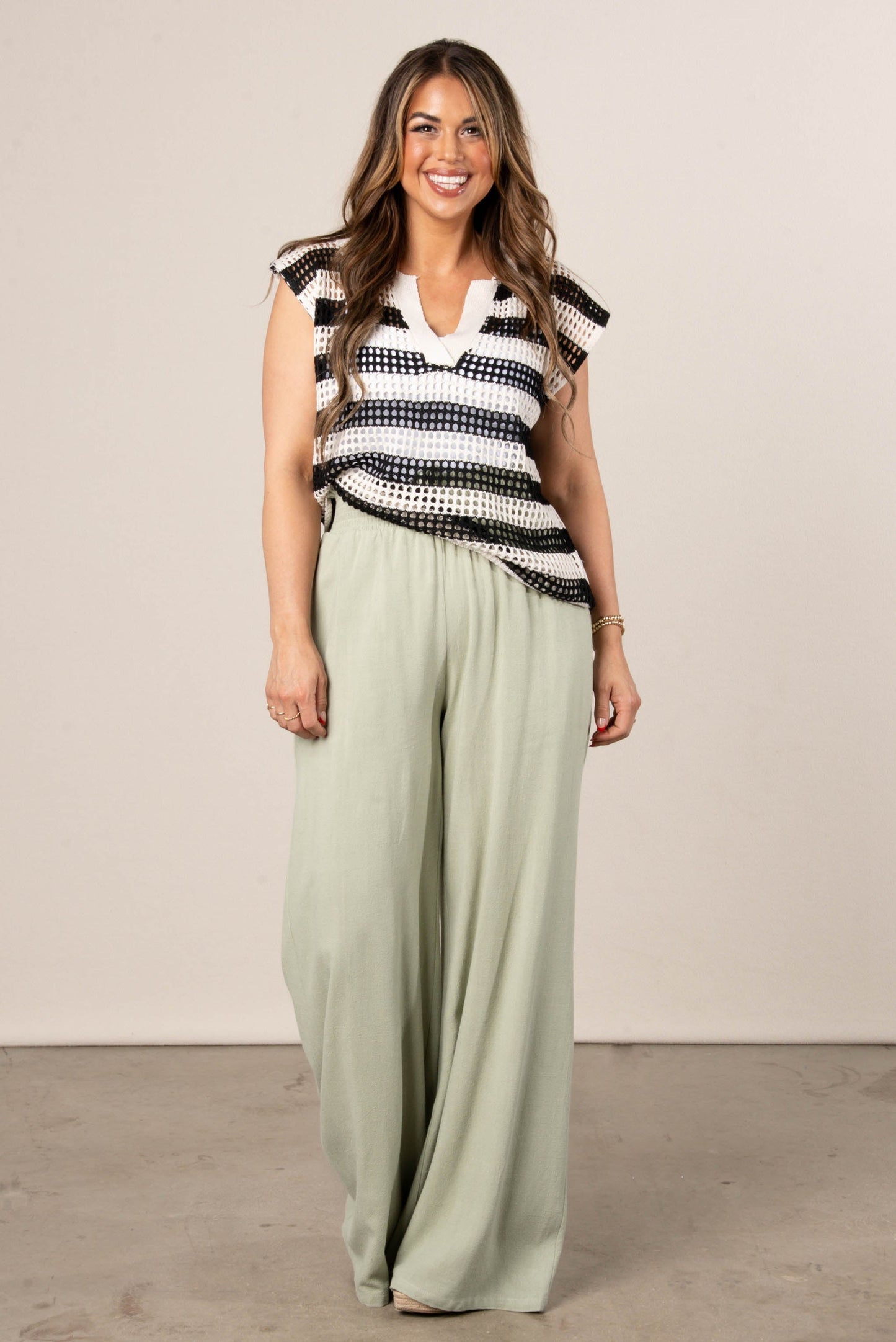 Striped Open Knit Collared Top