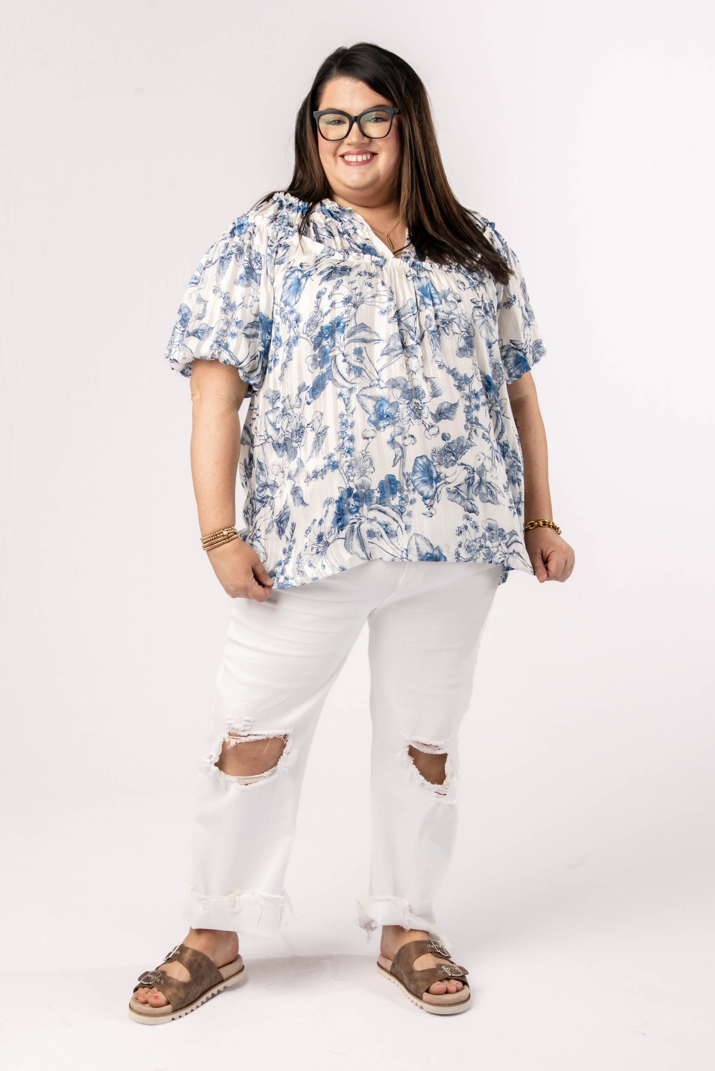 Floral Lurex Stripe Peasant Blouse