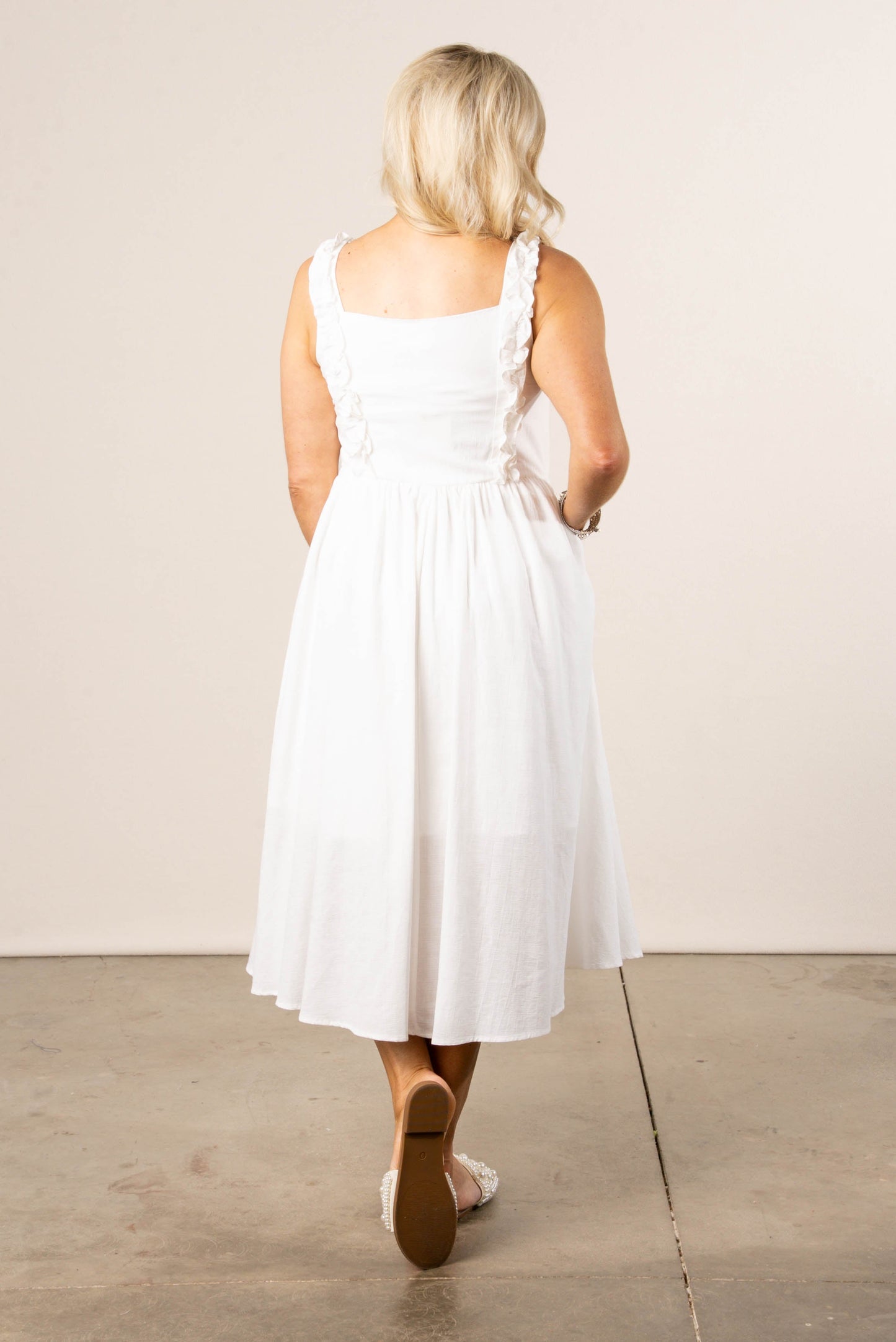 Pintucked Ruffle Detail Midi Dress Ivory