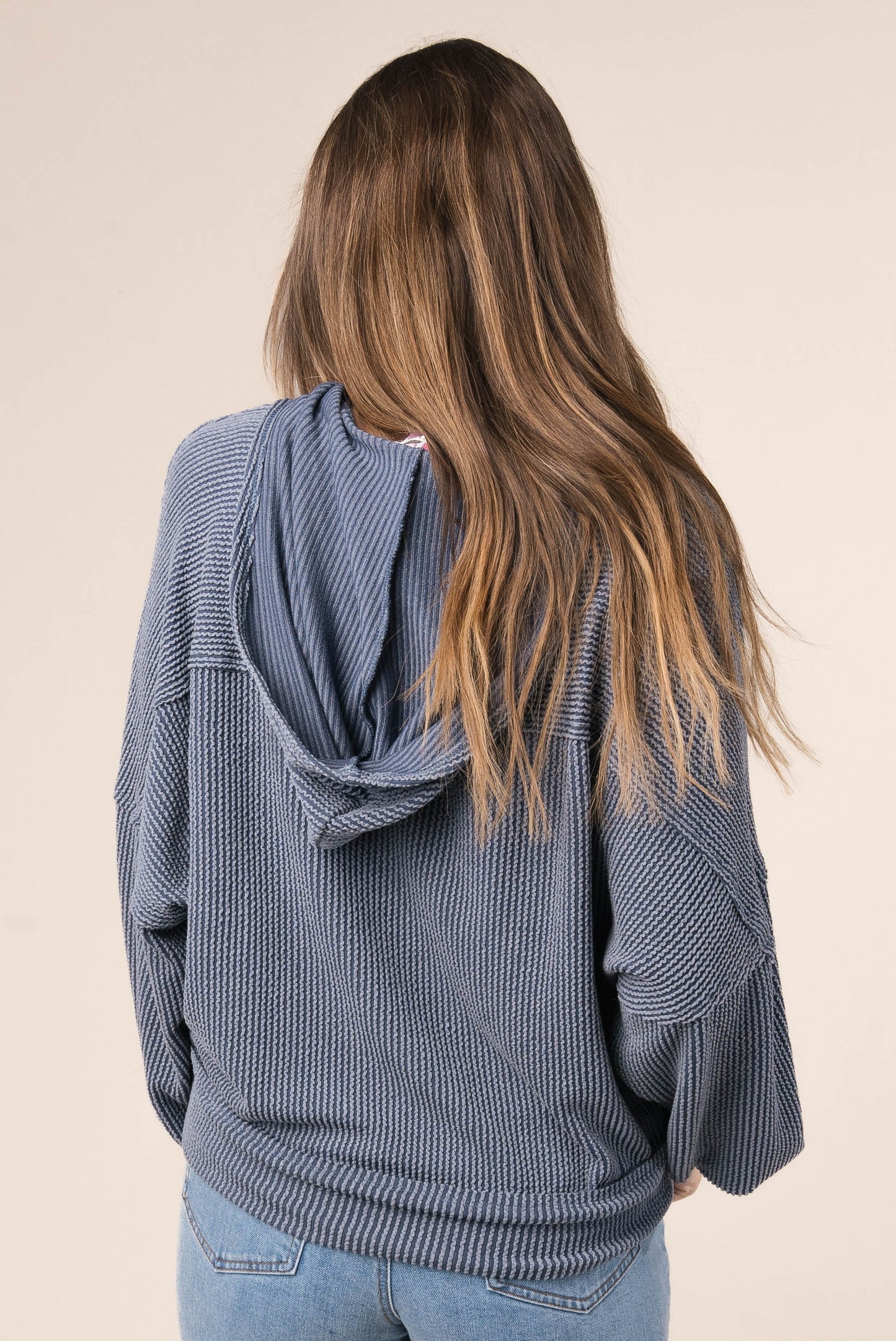Ribbed Half Zip Hooded Top