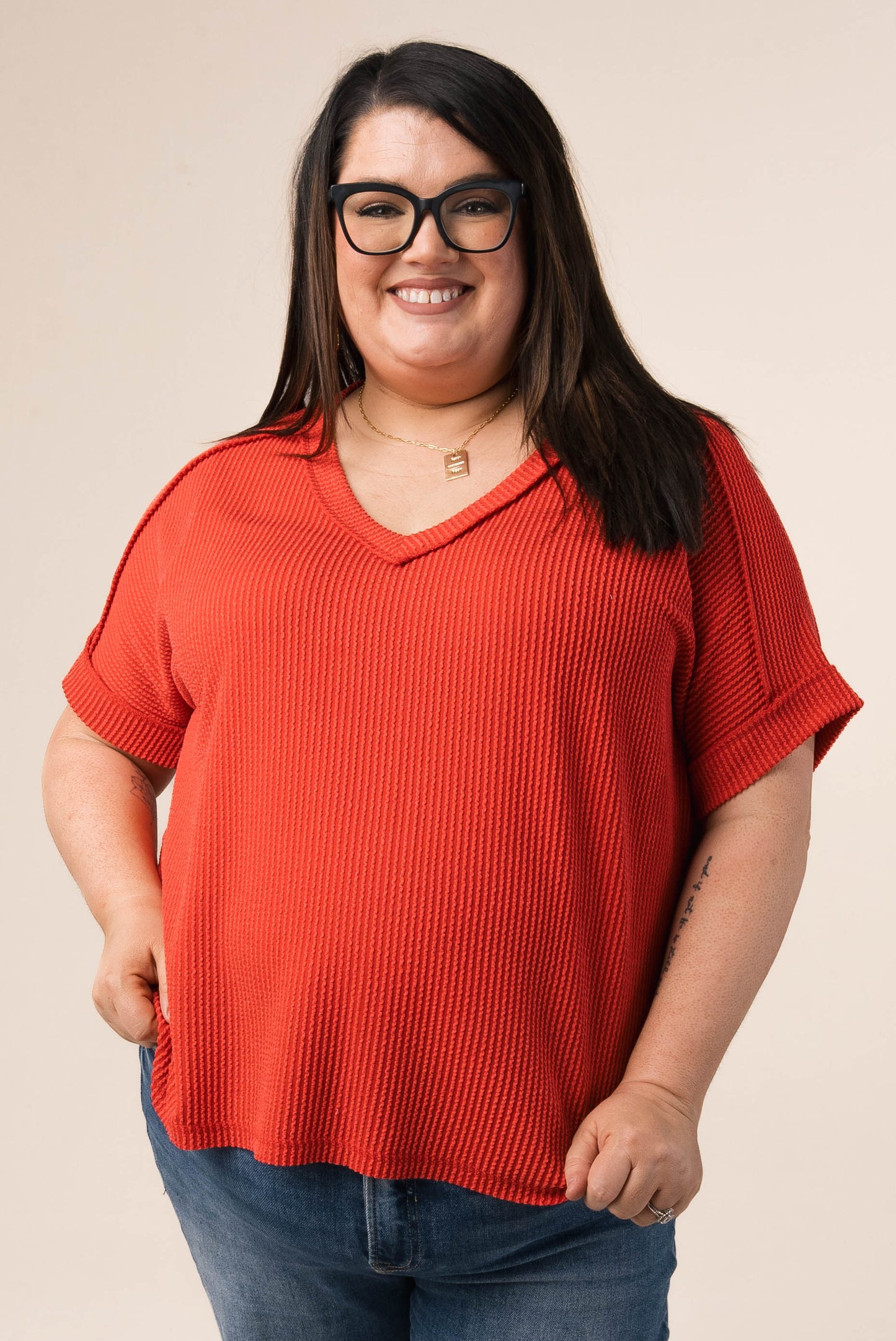 Corded Rib Exposed Seam V-Neck Top