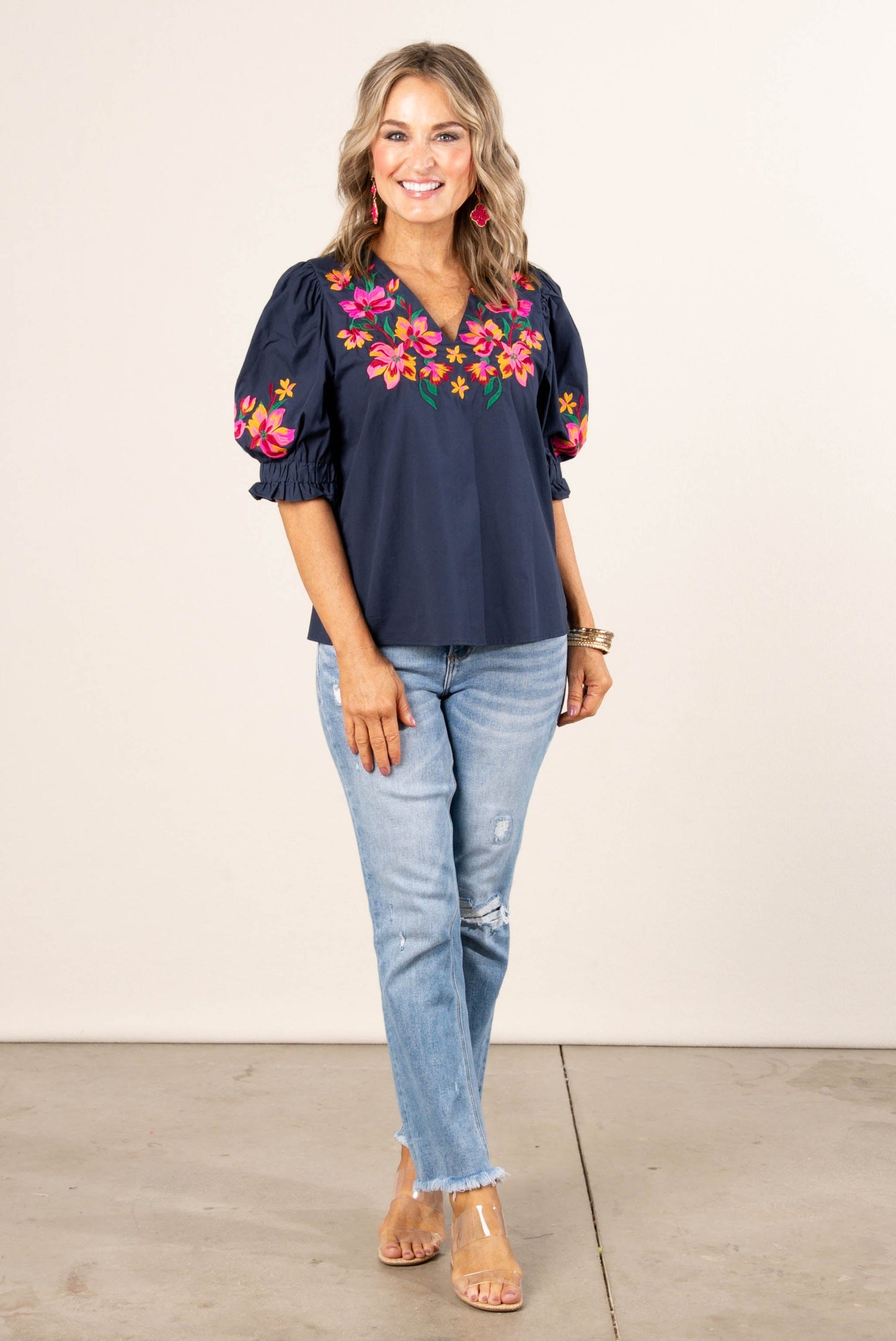 Floral Embroidered Smocked Cuff Top
