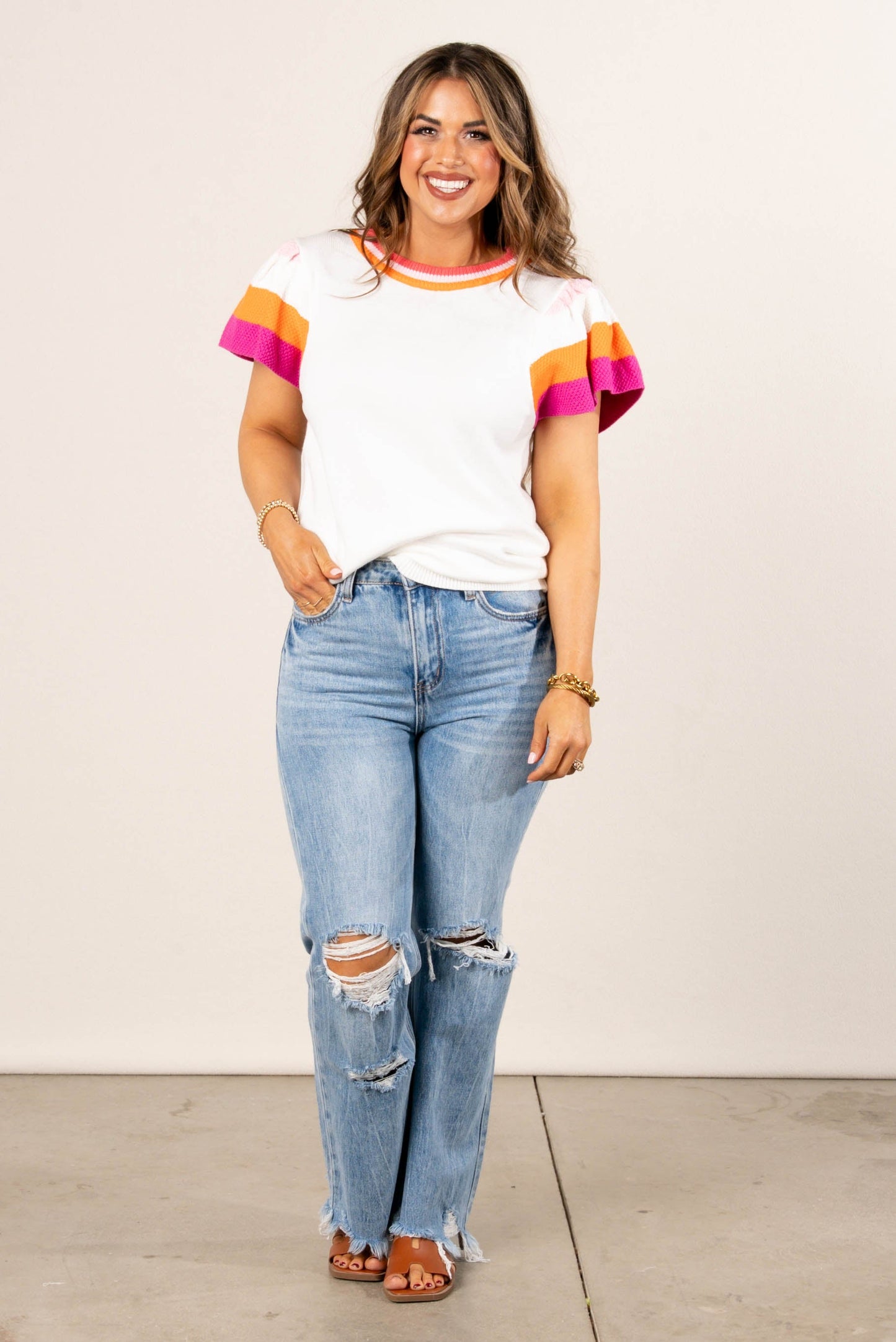 Georgia Mae Ruffled Stripe Sleeve Top - Ivory *Final Sale*