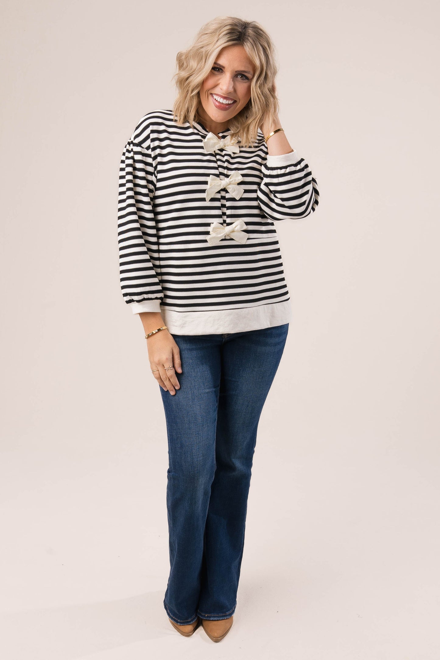 Striped Bow Closure Top