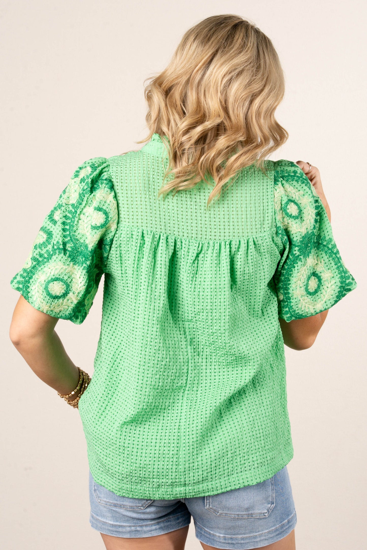 Seersucker Embroidered Sleeve Top