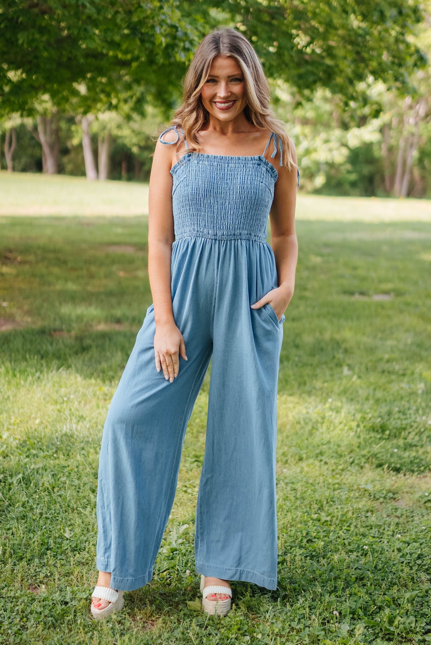 Chambray Smocked Tie Shoulder Jumpsuit