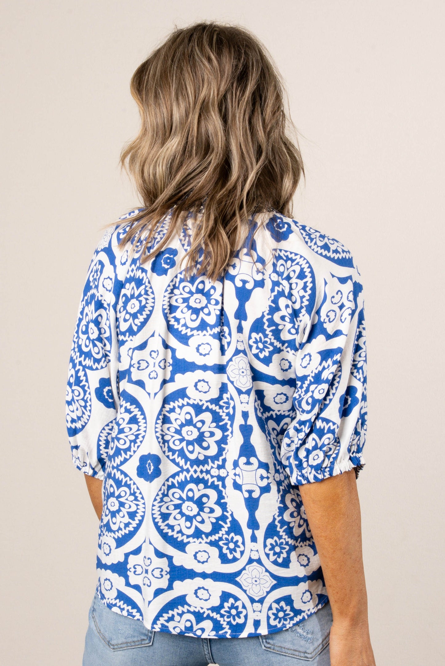 Mixed Print Smocked Collar Top