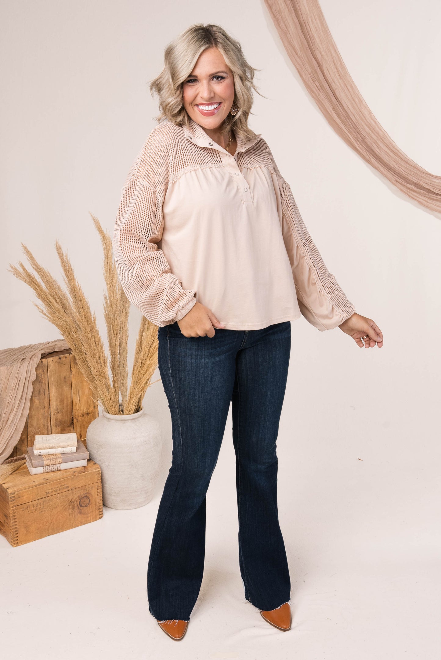 Contrast Knit Snap Neck Top