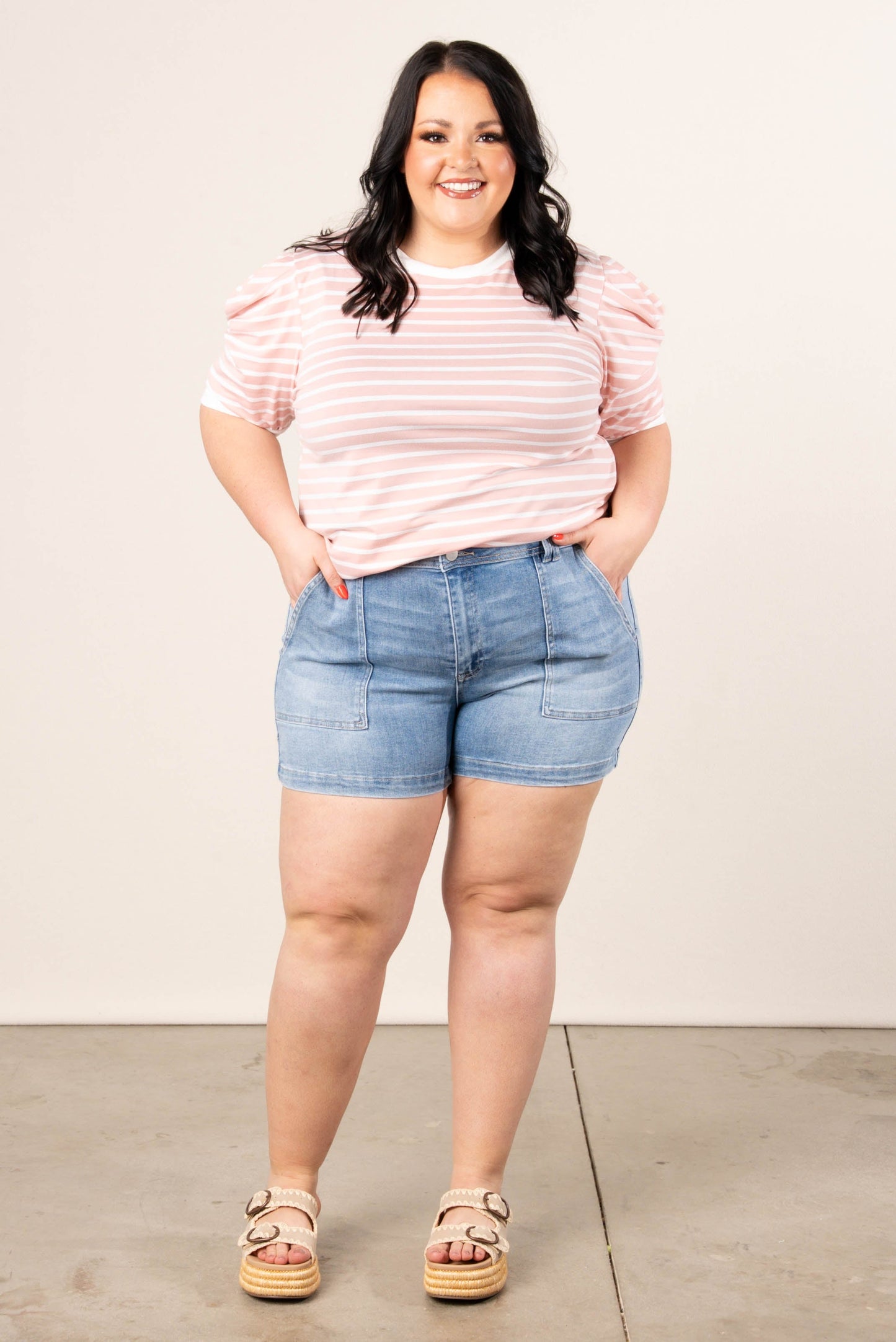 High Rise Patched Front Pocket Denim Shorts