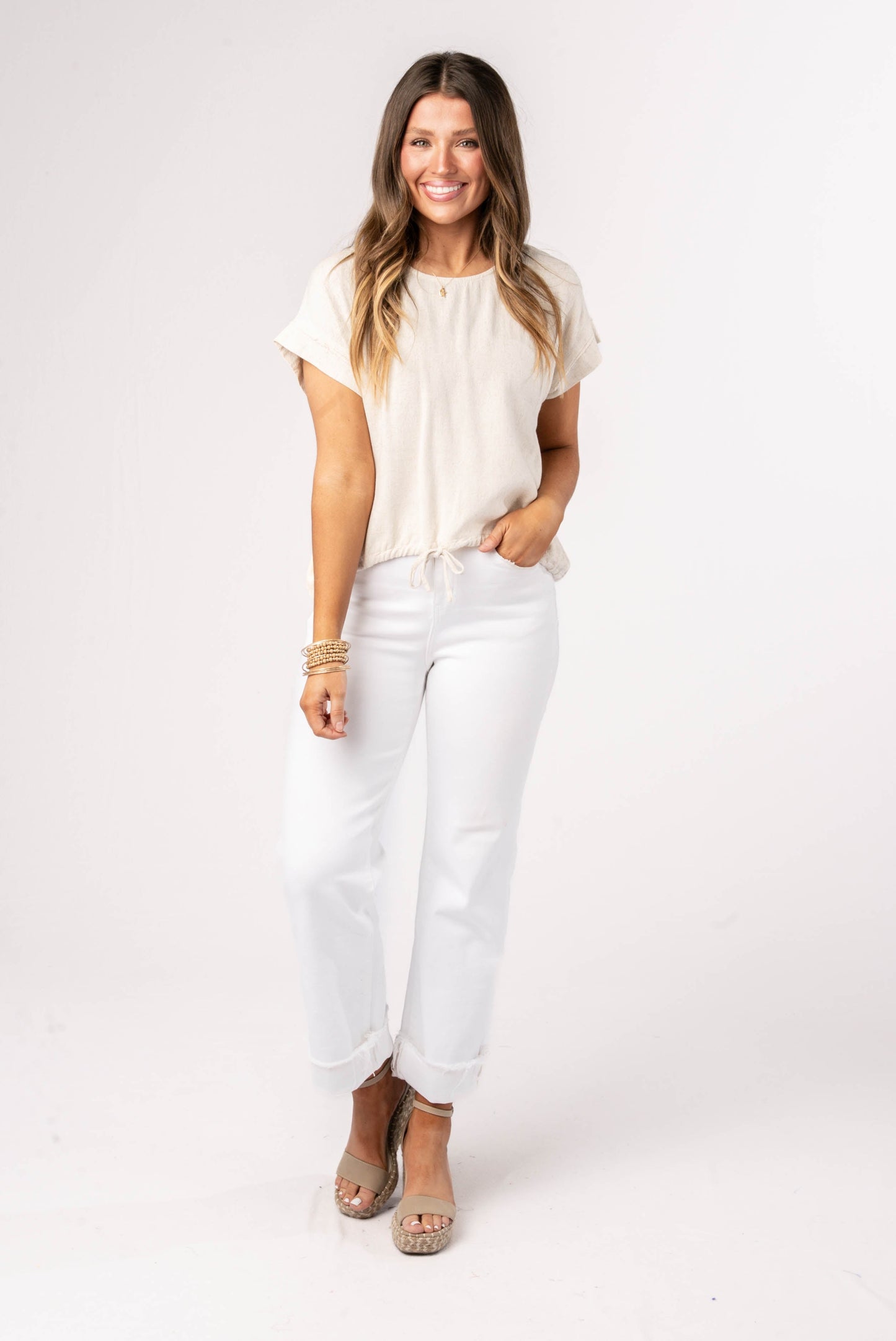 Linen Drawstring Waist Top