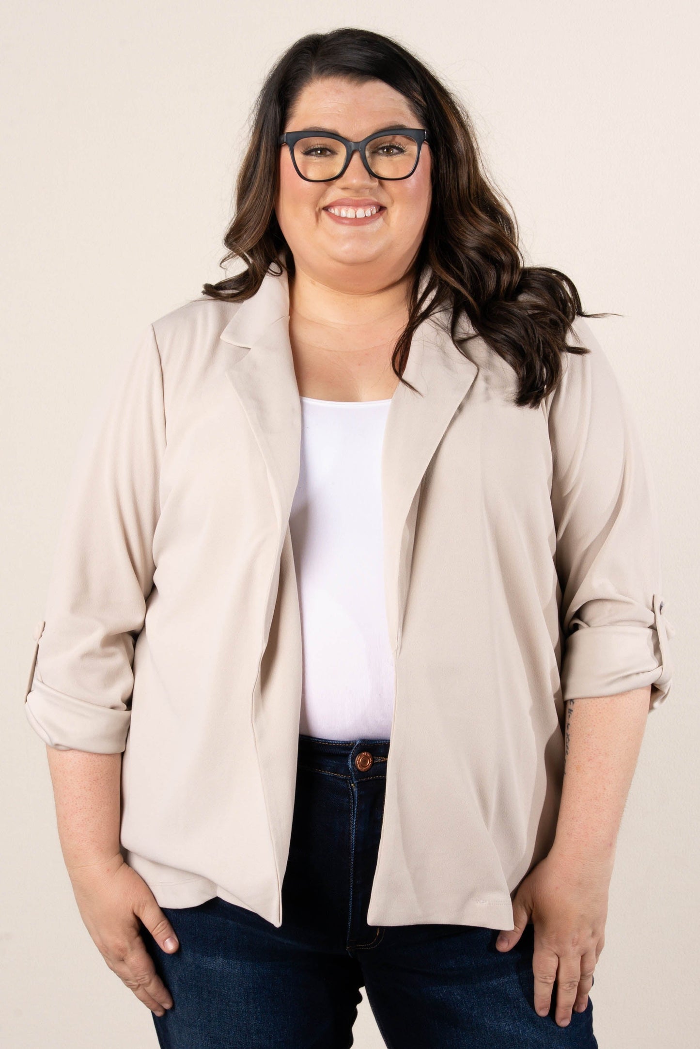 Open Front Tab Sleeve Blazer