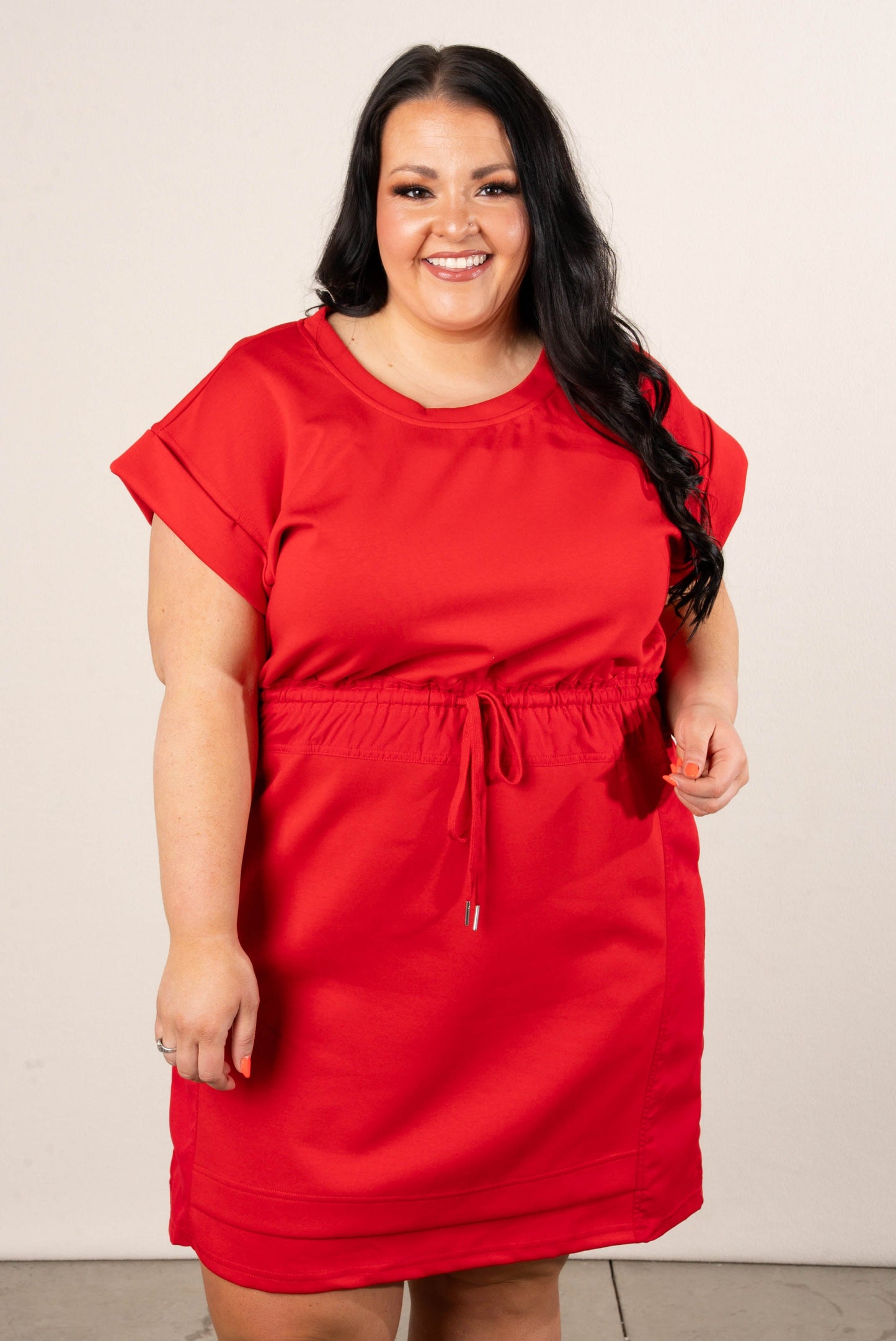 Jersey Knit Short Sleeve Drawstring Waist Dress - Red