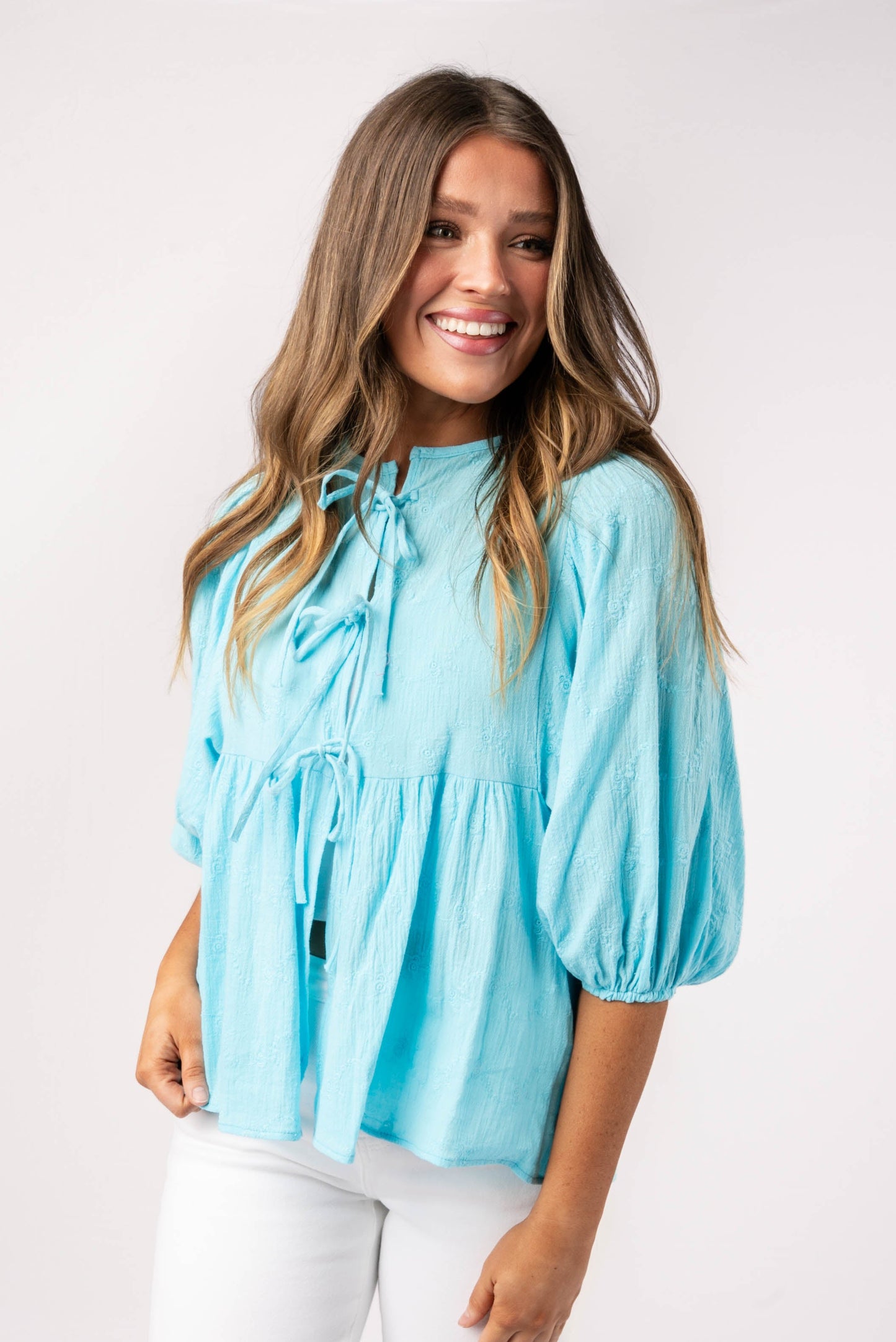 Floral Eyelet Tie Front Blouse