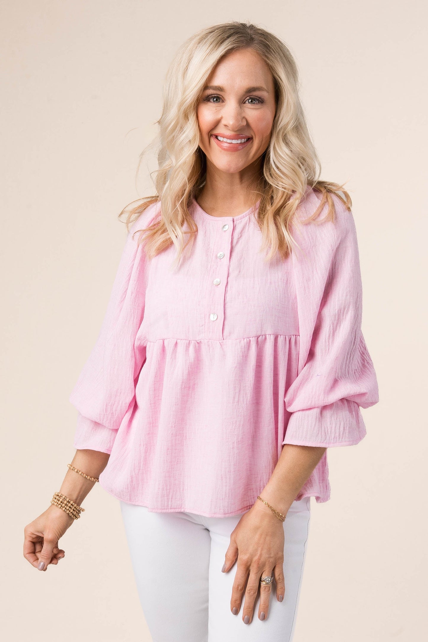 Textured Half Button Babydoll Blouse